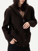 Women’s Mole  Wide-Shoulder Hooded Cashmere Cardigan worn by model, detail view on white background