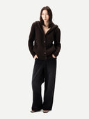 Women’s Mole  Wide-Shoulder Hooded Cashmere Cardigan worn by model, front view on white background