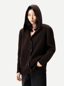 Women’s Mole  Wide-Shoulder Hooded Cashmere Cardigan worn by model, detail view on white background