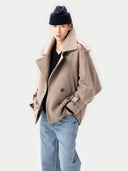 Women's Taupe Trench-Style Cashmere Peacoat  worn by model, detail view on white background