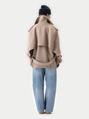 Women's Taupe Trench-Style Cashmere Peacoat  worn by model, back view on white background