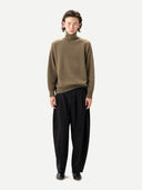 Barrel-Leg Cashmere Pants Black worn by model, front view on white background