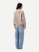 Unisex Mouline Cashmere Sweater Oxford Tan worn by model, back view on white background