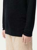 Men's Textured-Knit Silk Cashmere Sweater Black worn by model, detail view on white background