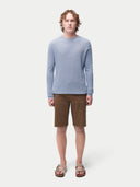 Men's Cashmere Silk Lightweight Sweater Celestial Blue worn by model, front view on white background