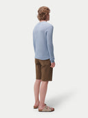 Men's Cashmere Silk Lightweight Sweater Celestial Blue worn by model, back view on white background