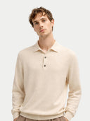 Men's White Cashmere Polo Sweater worn by model, detail view on white background