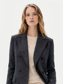 Women's Cashmere Peak Lapel Long Coat Charcoal worn by model detail view on white background