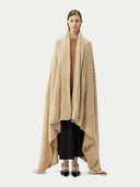 Cashmere Blanket Taupe  worn by model, front view on white background