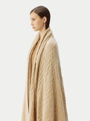 Cashmere Blanket Taupe  worn by model, back view on white background