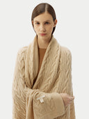 Cashmere Blanket Taupe  worn by model, detail view on white background