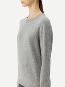 Women's Grey Cashmere Essential Crew Neck Sweater worn by model, side view on white background
