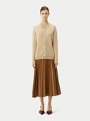 Women's Beige Cashmere Crewneck Cardigan  worn by model, front view on white background