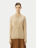 Women's Beige Cashmere Crewneck Cardigan  worn by model, detail view on white background
