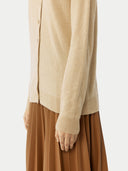 Women's Beige Cashmere Crewneck Cardigan  worn by model, detail view on white background