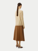 Women's Beige Cashmere Crewneck Cardigan  worn by model, back view on white background