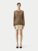 Women's Taupe Cashmere Crewneck Cardigan worn by model, front view on white background