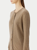 Women's Taupe Cashmere Crewneck Cardigan worn by model, detail view on white background
