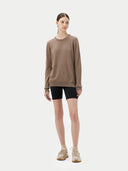 Women's Taupe Crewneck Cashmere Sweater worn by model, front view on white background