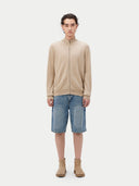 Men's Warm Grey Cashmere Full Zip Cardigan worn by model, front view on white background