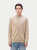 Men's Warm Grey Cashmere Full Zip Cardigan worn by model, detail view on white background