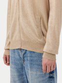 Men's Warm Grey Cashmere Full Zip Cardigan worn by model, front view on white background
