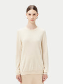 Women's White Cashmere Basic Crew Neck Sweater  worn by model, detail view on white background
