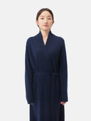 Women's Cashmere Long Robe Navy  worn by model, detail view on white background
