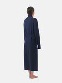 Women's Cashmere Long Robe Navy  worn by model, back view on white background
