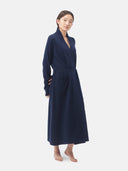 Women's Cashmere Long Robe Navy  worn by model, side view on white background
