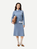 Women's Dusty Blue   A-Line Cashmere Knitted Skirt worn by model, front view on white background