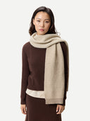 Waffle Knit Cashmere Scarf Warm Grey worn by model, detail view on white background