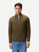 Men's Cashmere Waffle Knit Half-Zip Sweater Cub worn by model, detail view on white background