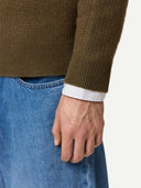 Men's Cashmere Waffle Knit Half-Zip Sweater Cub worn by model, detail view on white background