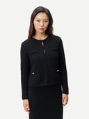 Women's Textured Knit Cashmere Jacket-Style Cardigan Black worn by model, detail view on white background