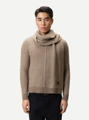 Waffle Knit Cashmere Scarf Taupe worn by model, detail view on white background