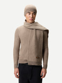 Waffle Knit Cashmere Hat Taupe worn by model front view on white background