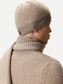 Waffle Knit Cashmere Hat Taupe worn by model back view on white background