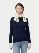 Wide Rib Knit Scarf White worn by model, detail view on white background