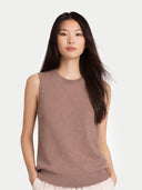 Timeless Cashmere Crewneck Vest Taupe worn by model, detail view, on white background