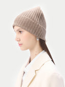 Unisex Organic Cashmere Rib Knit Hat Taupe worn by model, side view on white background