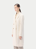 Women's Notch Lapel Midi-Length Cashmere Coat White worn by model side view on white background