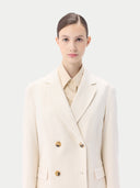 Women's Notch Lapel Midi-Length Cashmere Coat White worn by model detail view on white background