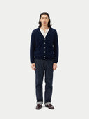 Men's Navy Cashmere Polo Sweater  worn by model, front view on white background