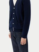 Men's Navy Cashmere Polo Sweater  worn by model, side view on white background