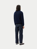 Men's Navy Cashmere Polo Sweater  worn by model, back view on white background