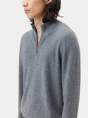 Men's  Dim Gray Half-Zip Cashmere Sweater worn by model, detail view on white background