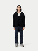 Men's Black Cashmere Polo Sweater  worn by model, front view on white background