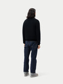 Men's Black Cashmere Polo Sweater  worn by model, back view on white background