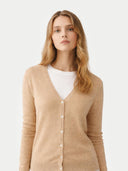 Women's Beige Cashmere  V-Neck  Cardigan  worn by model, detail view on white background